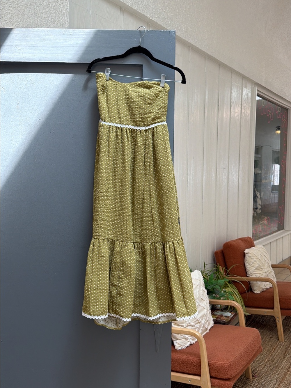 Lulus sz M Strapless Olive Green Midi Dress with Eyelet Trim - Picture 2 of 6